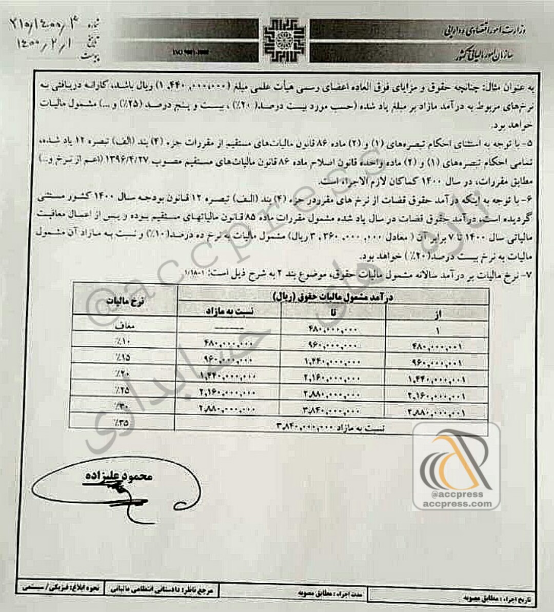 معافیت سالانه حقوق و همچنین نرخ مالیات بردرآمد حقوق سال 1400 معافیت سالانه حقوق و همچنین نرخ مالیات بردرآمد حقوق سال 1400